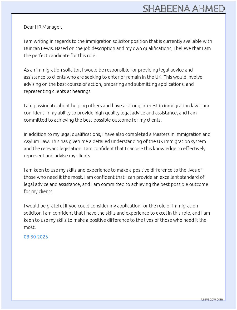 immigration solicitor At Duncan Lewis Cover Letter