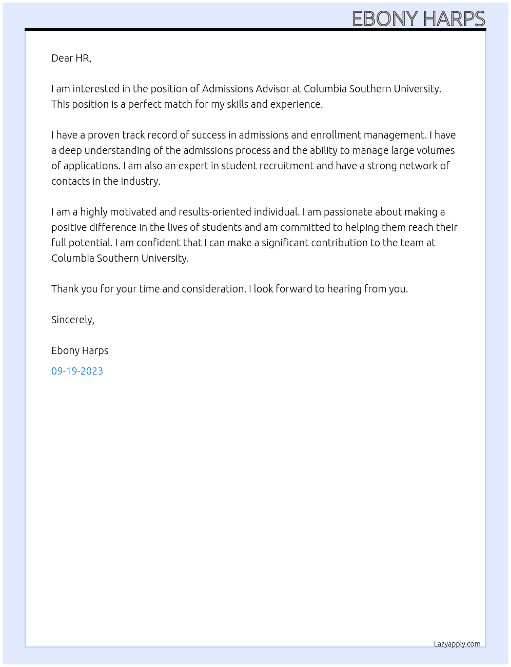 Admissions Advisor  At Columbia Southern University  Cover Letter