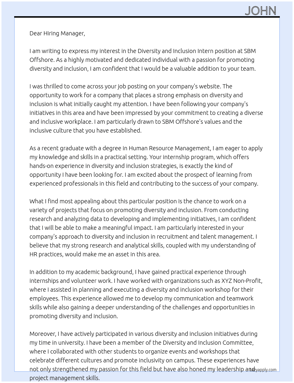 Diversity and inclusion intern  At SBM offshore Cover Letter