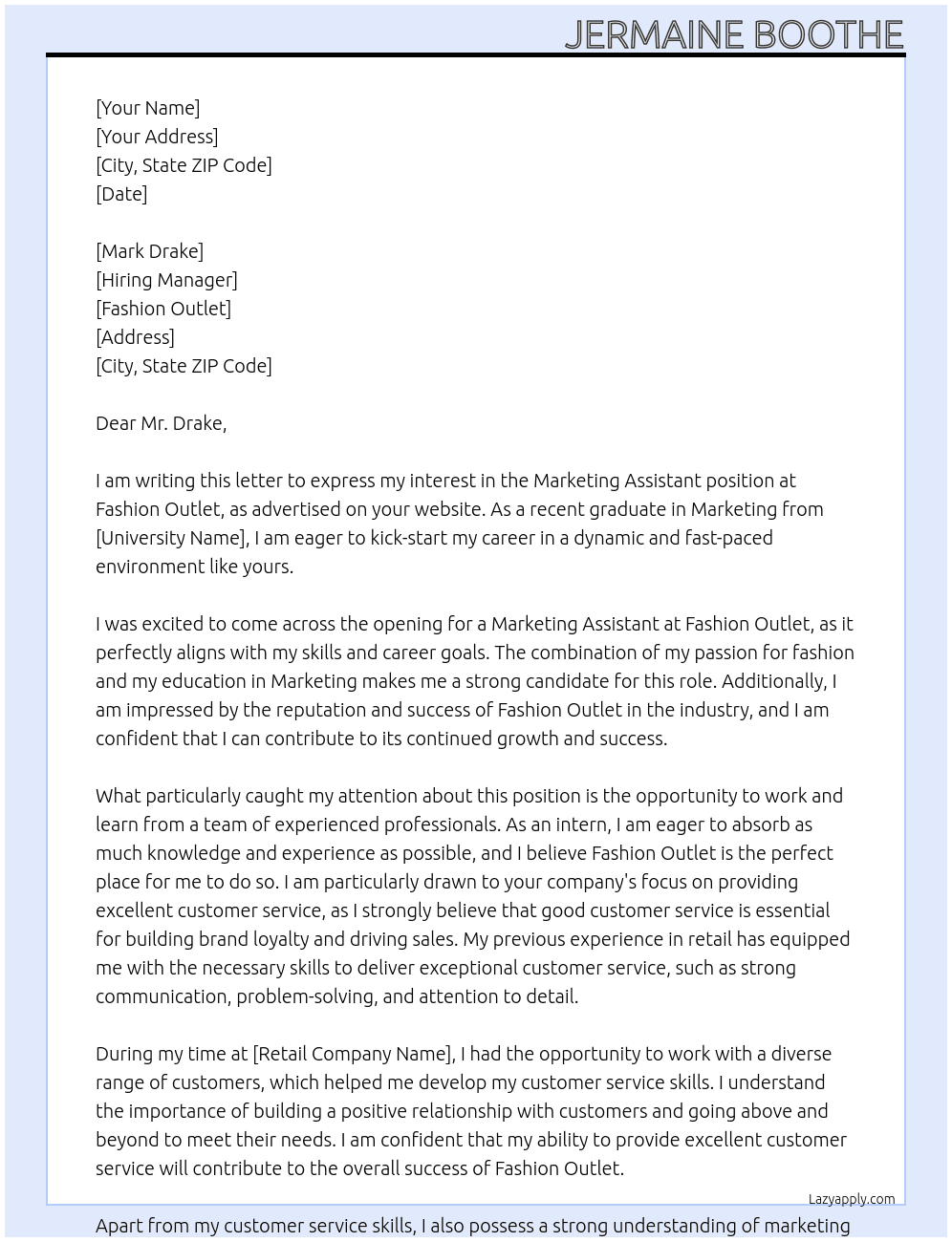 Marketing Assistant At Fashion Outlet Cover Letter