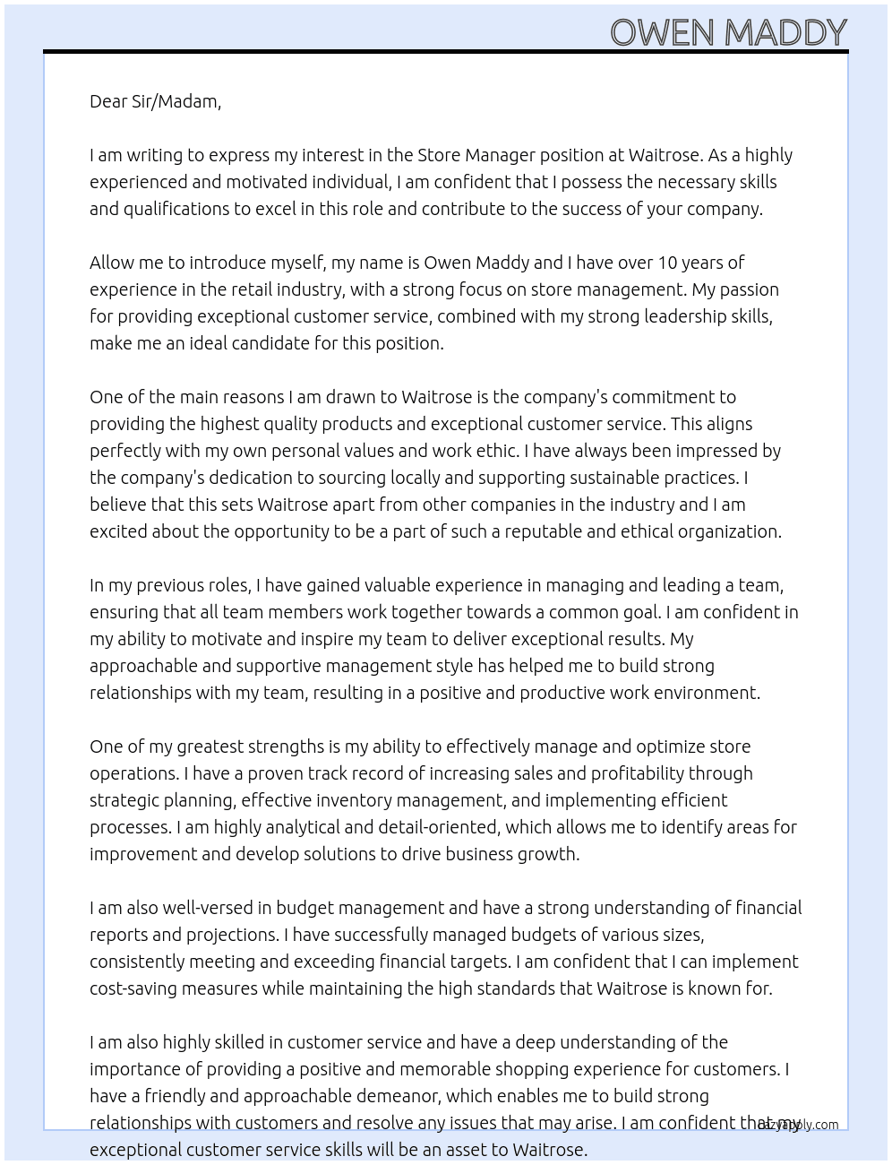 store manager At waitrose Cover Letter