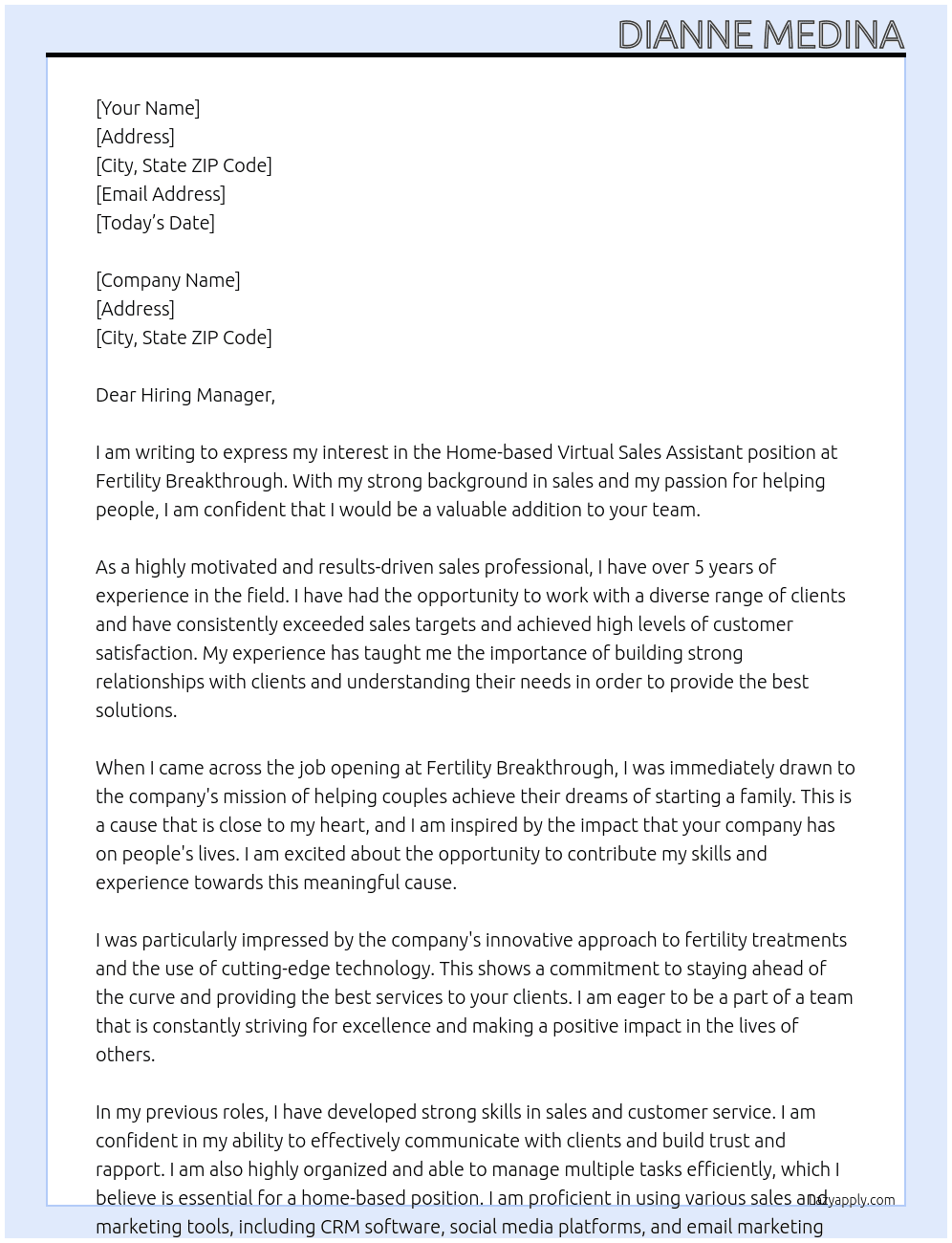 Home-based Virtual Sales Assistant  At Fertility Breakthrough  Cover Letter