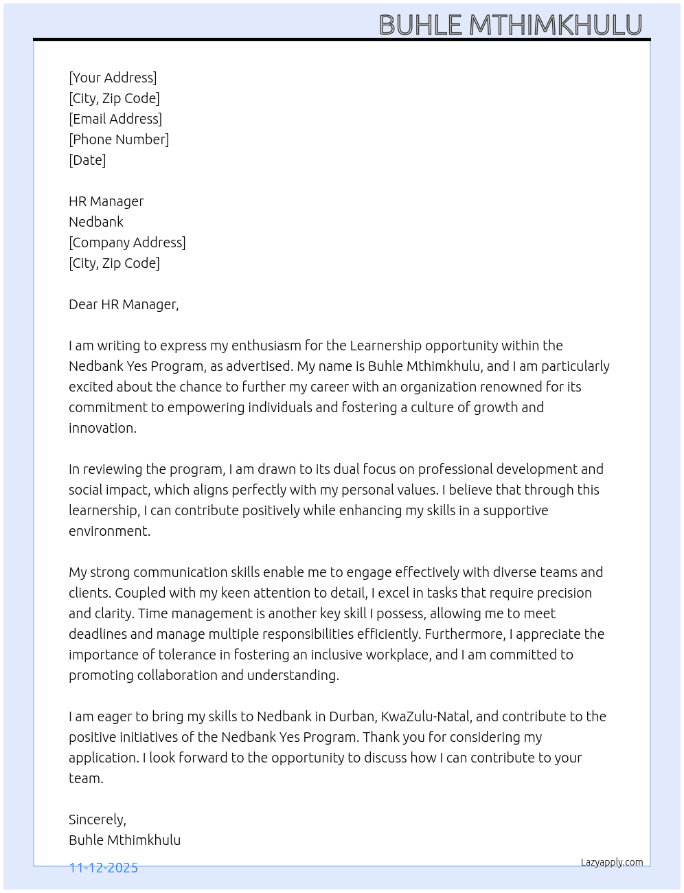 Cover letter for nedbank yes program - LazyApply