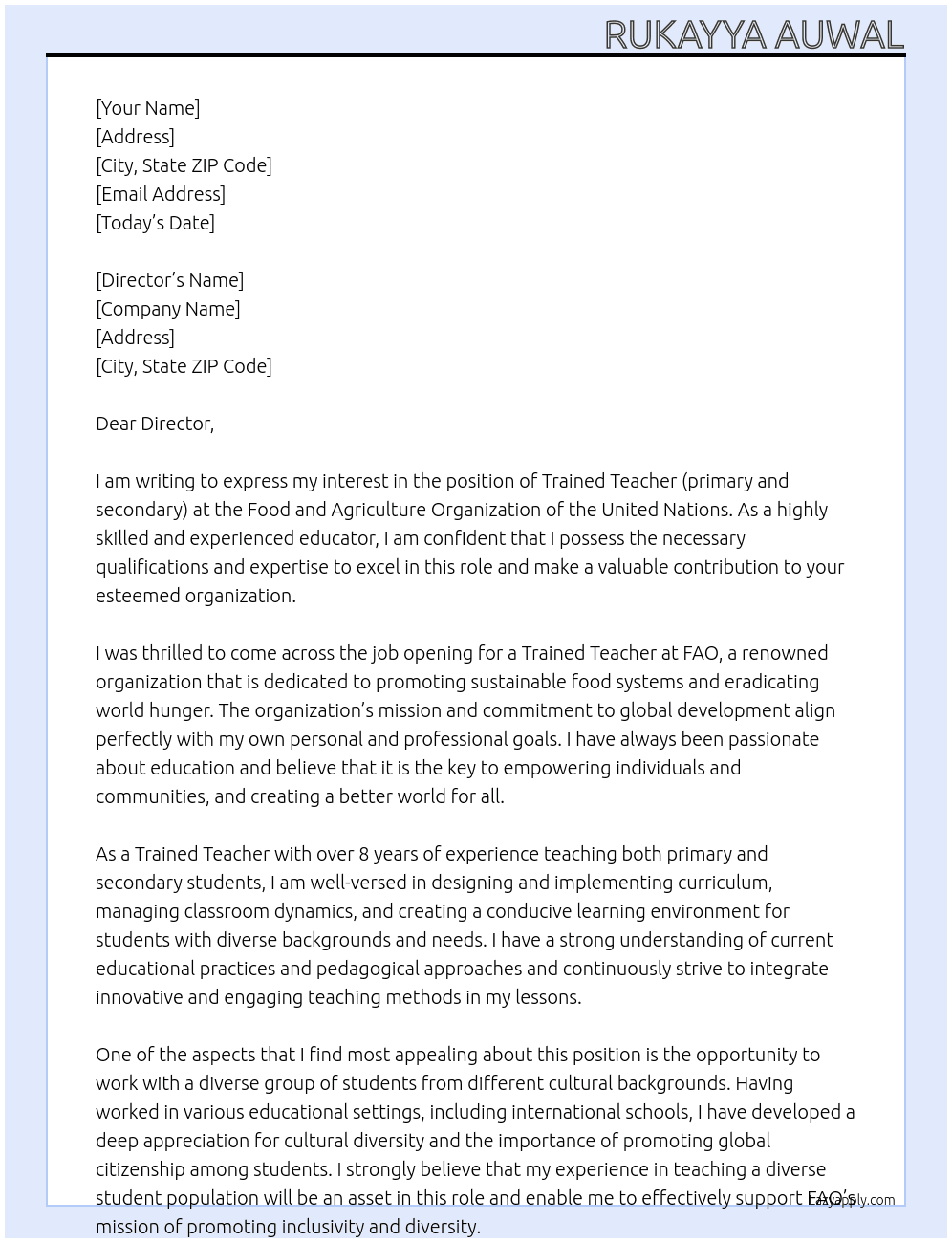 Trained Teacher (primary and secondary) At Food and agriculture organization of the united nation Cover Letter