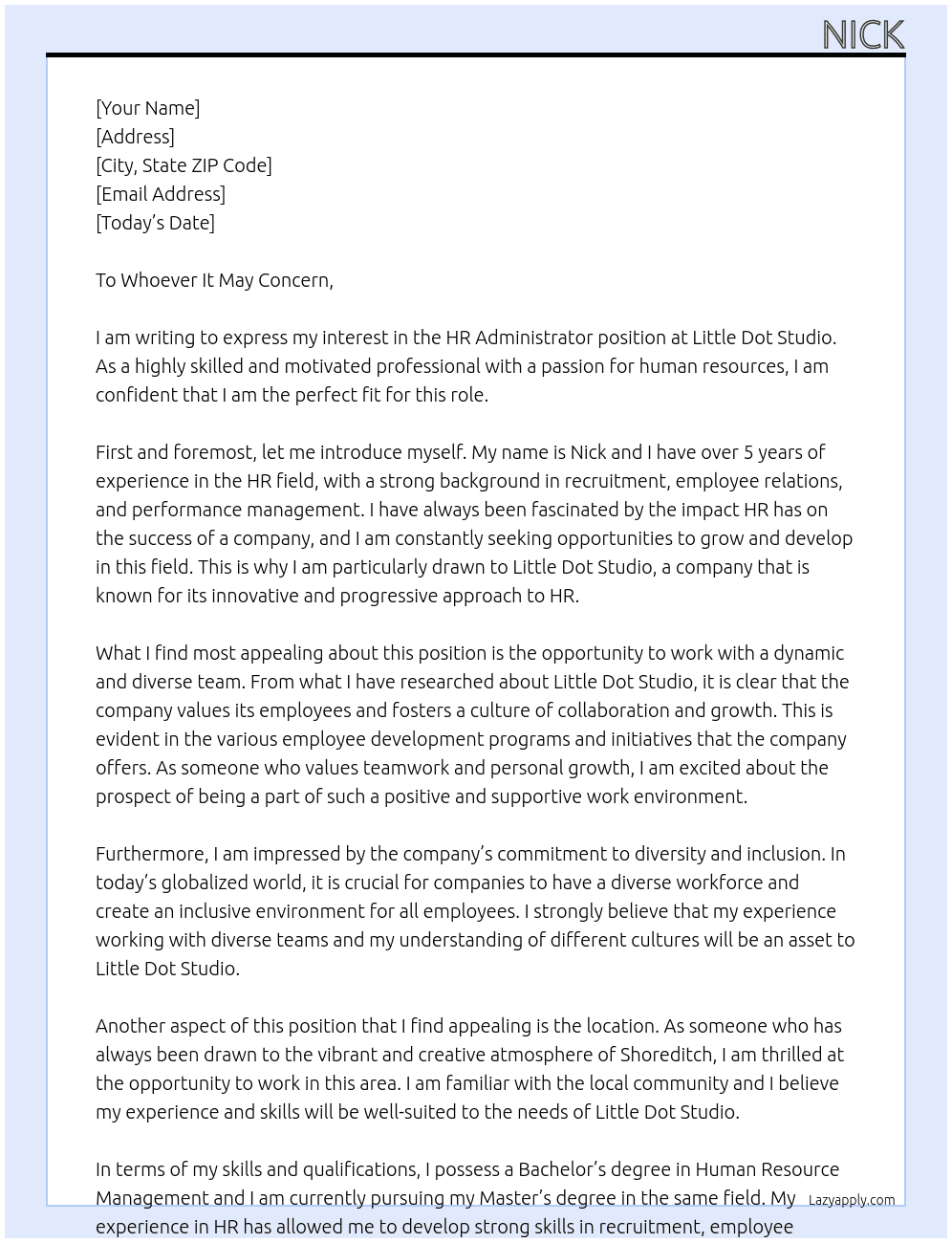 HR Administrator At Little Dot Studio Cover Letter