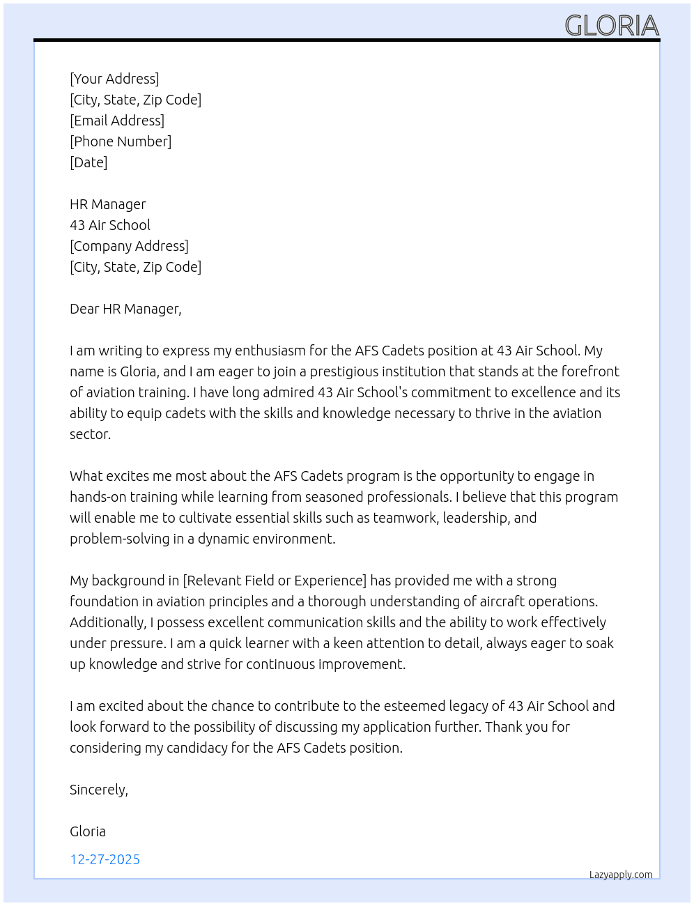AFS cadets  At 43 air school  Cover Letter