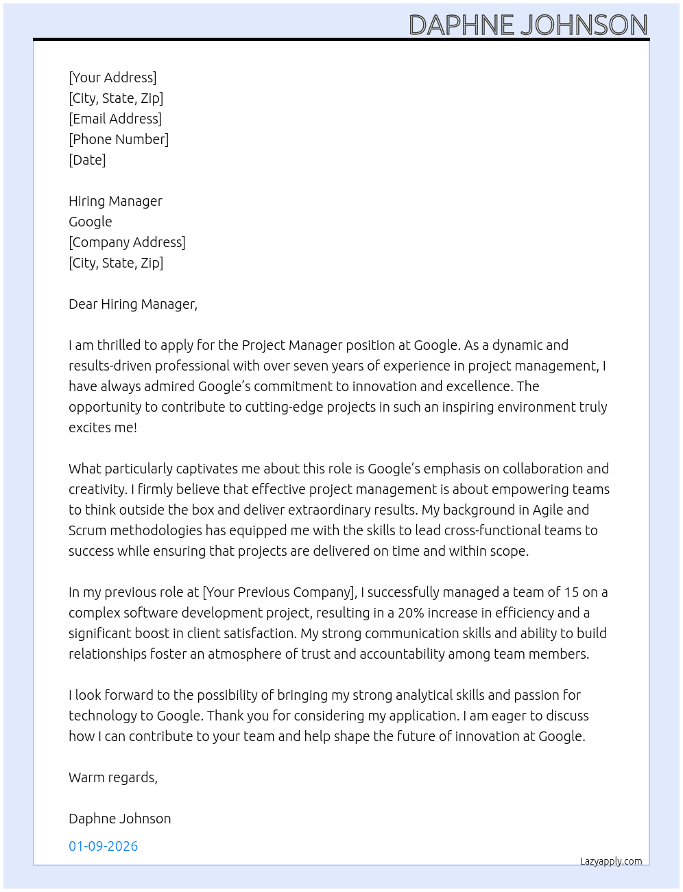 Project Manager At Google Cover Letter