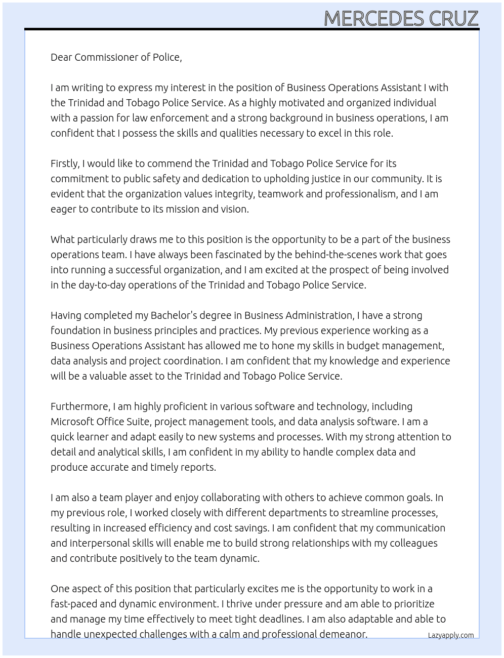 Business Operations Assistant I At Trinidad and Tobago Police Service Cover Letter