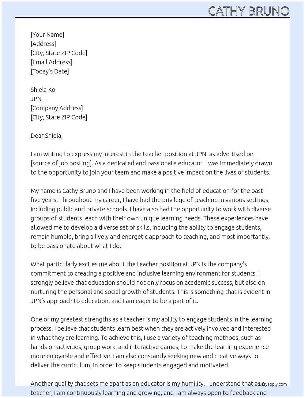 teacher At JPN Cover Letter