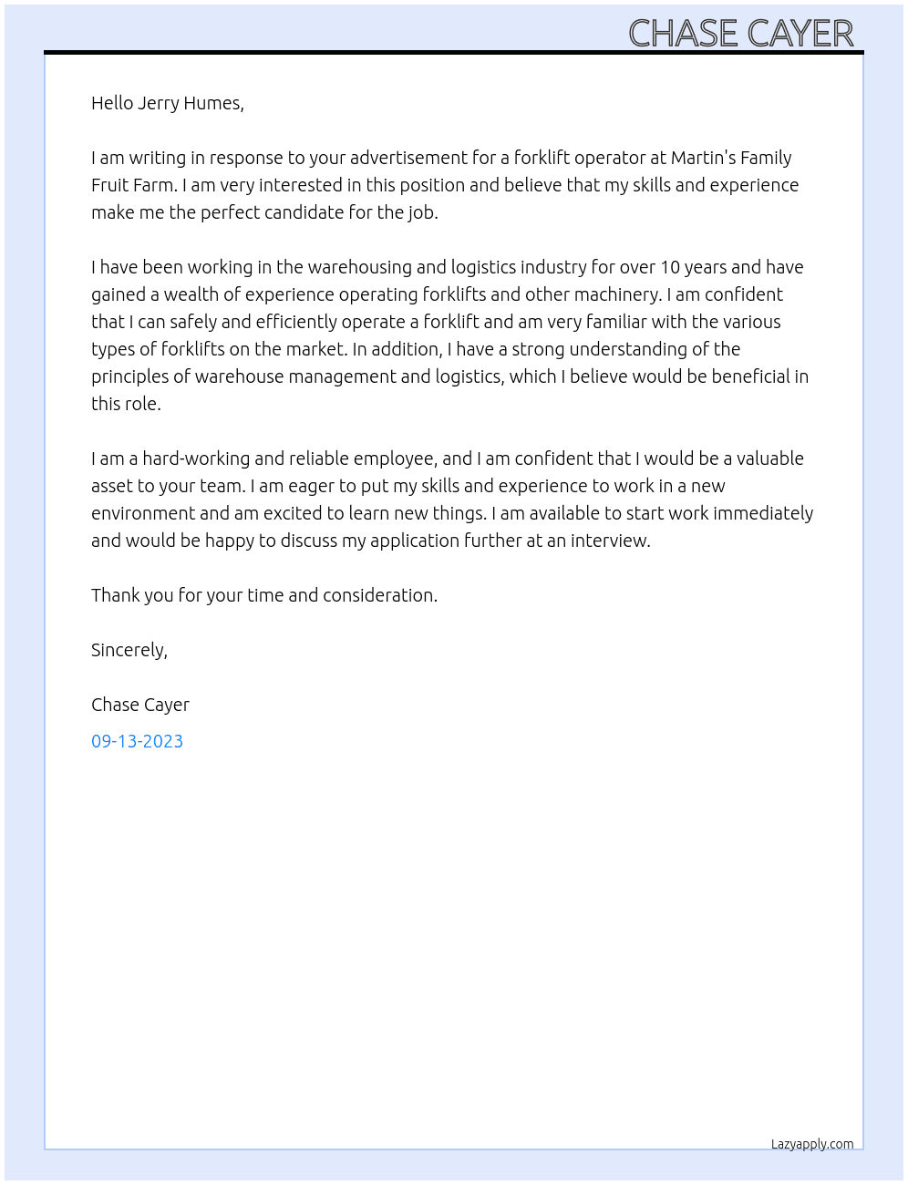 Forklift operator  At Martin's Family Fruit Farm Cover Letter