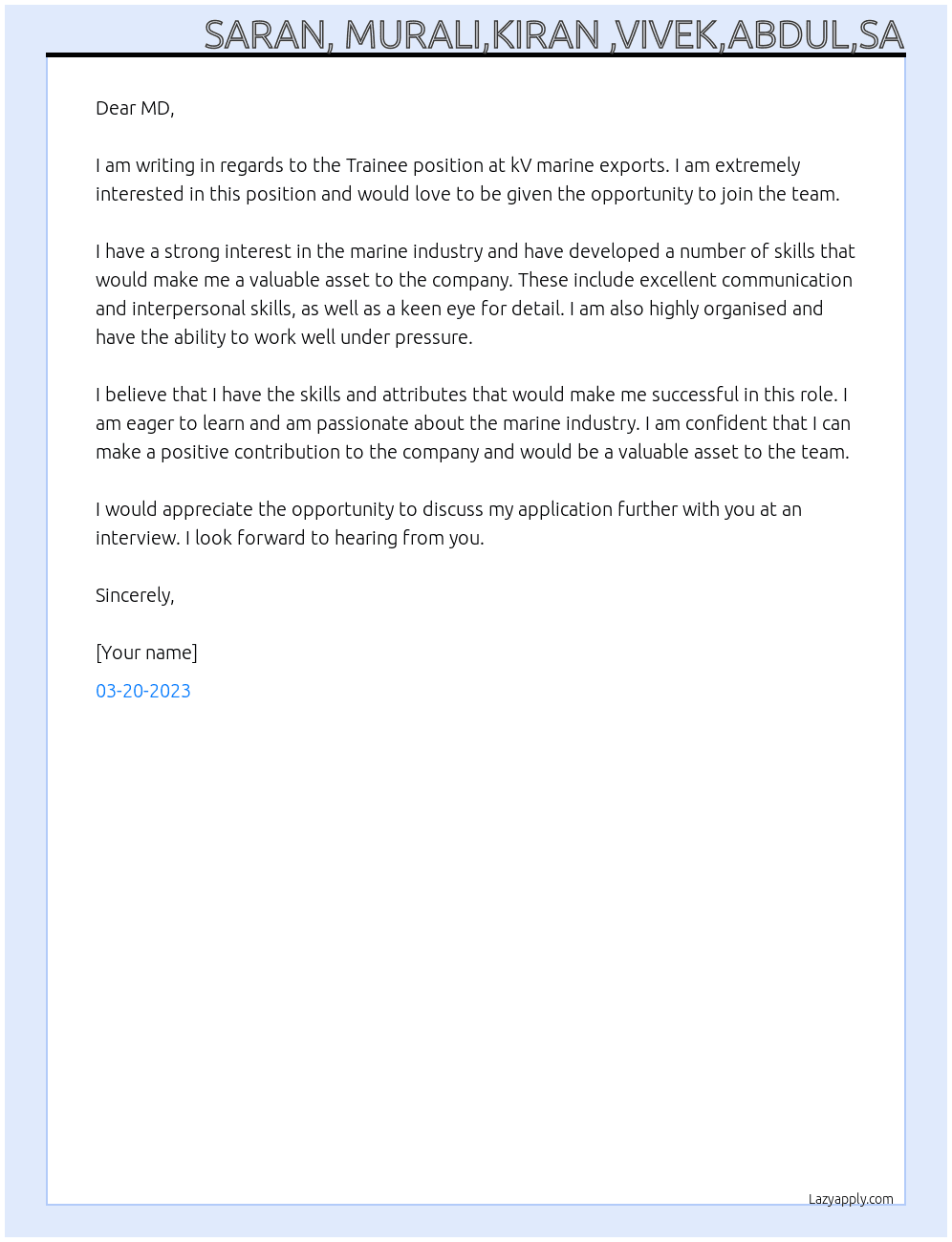 Trainee  At kV marine exports  Cover Letter