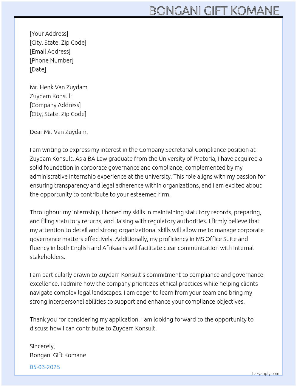 Company Secretarial Compliance  At Zuydam Konsult  Cover Letter