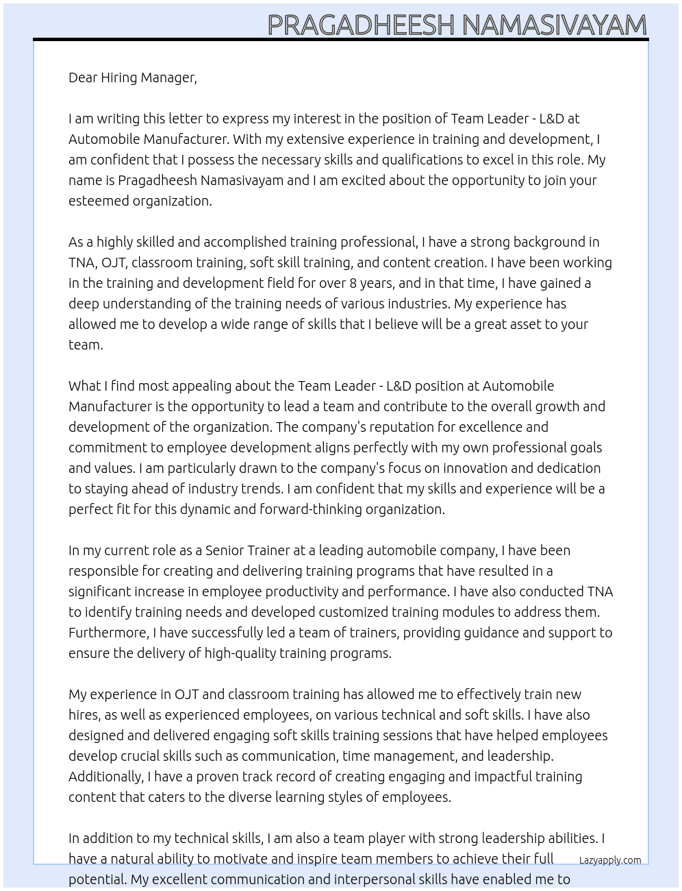 TEAM LEADER - L & D At AUTOMOBILE MANUFACTURER Cover Letter