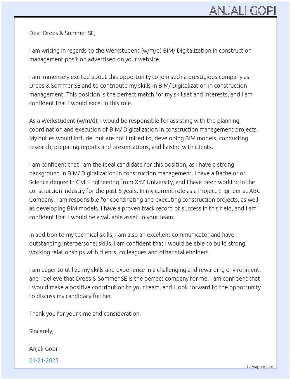 Werkstudent (w/m/d) BIM/ Digitalization in construction management At Drees & Sommer SE Cover Letter