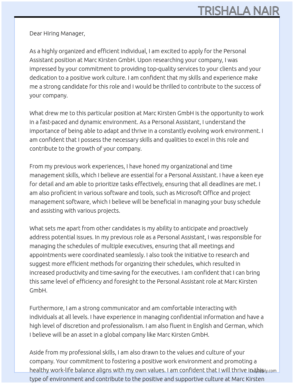 Personal Assistant At Marc Kirsten GmbH Cover Letter