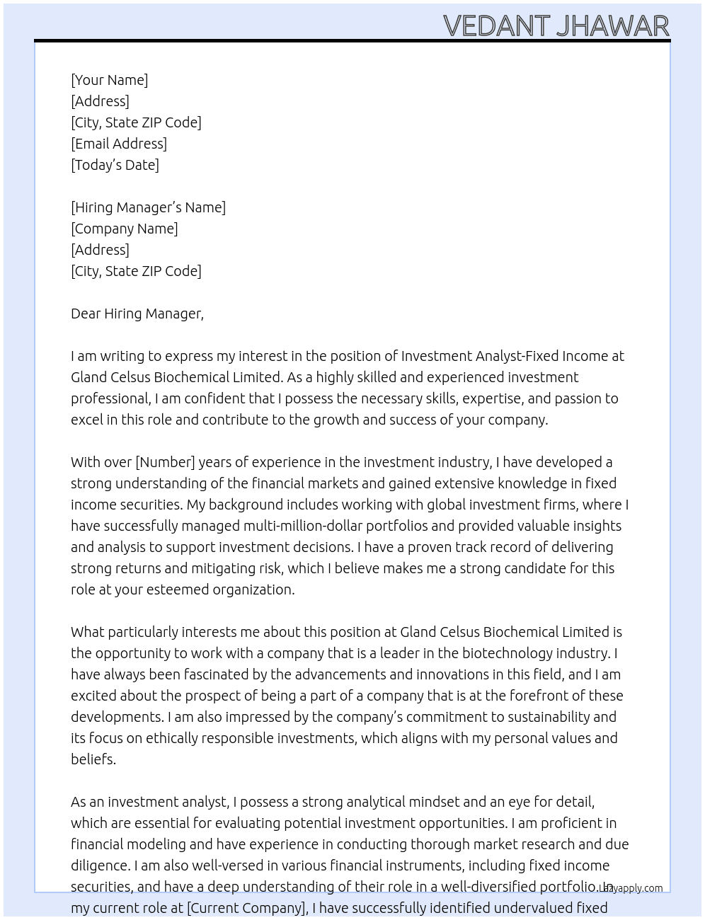 Investment Analyst-Fixed Income At Gland Celsus Biochemical Limited Cover Letter