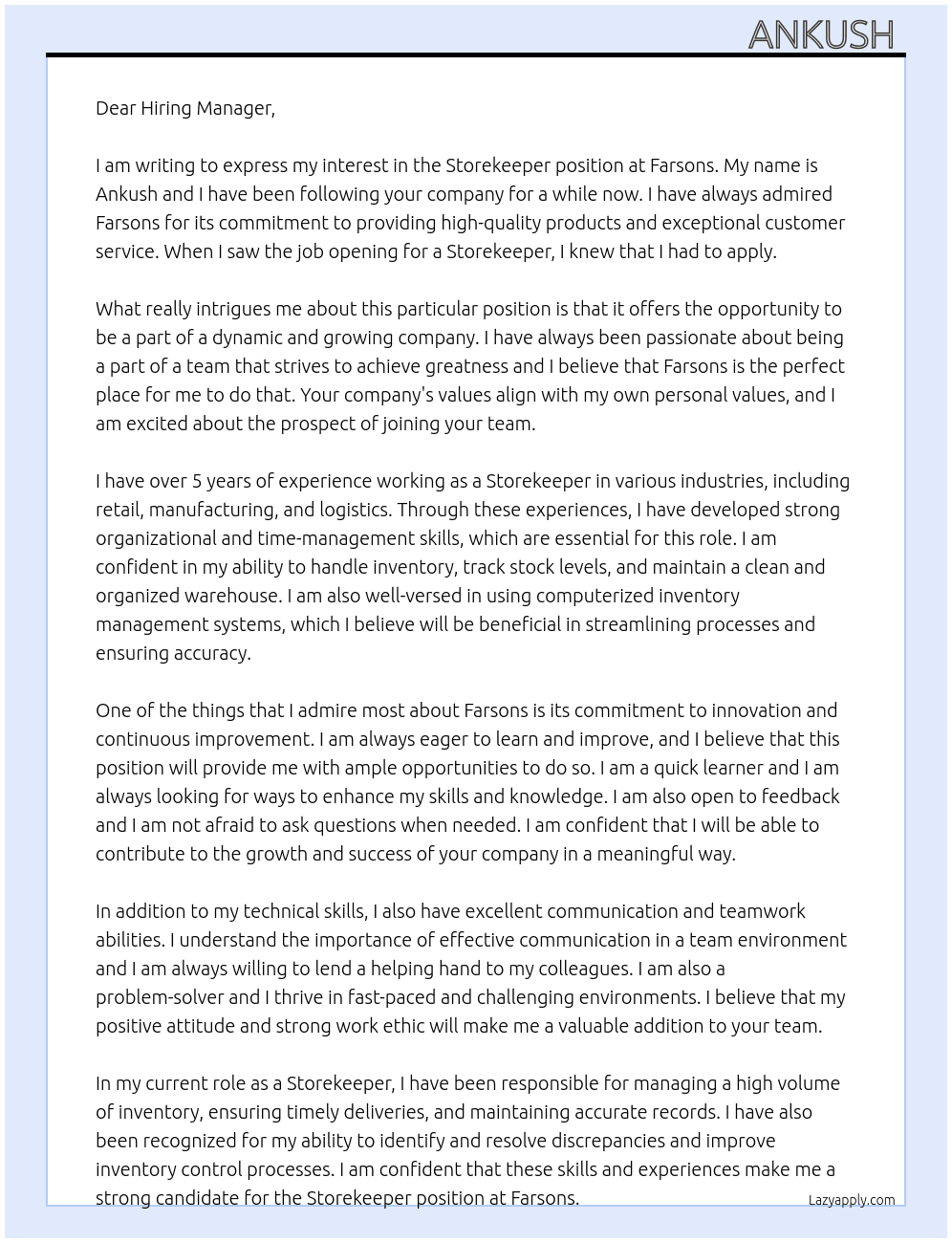 Storekeeper  At Farsons Cover Letter
