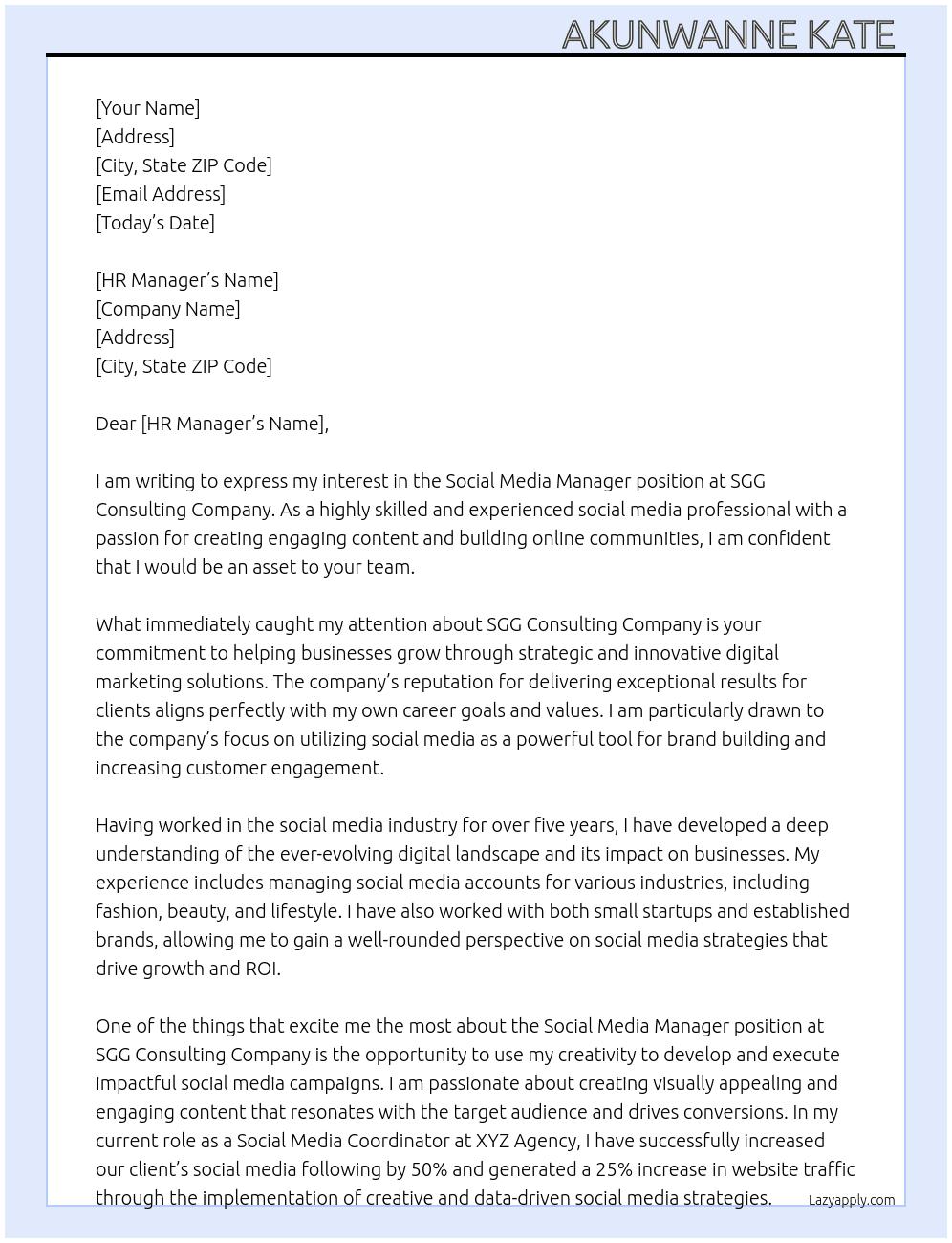 Social media manager  At SGG Consulting company  Cover Letter
