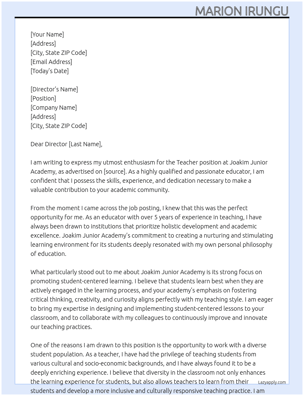 Teacher At Joakim junior academy Cover Letter