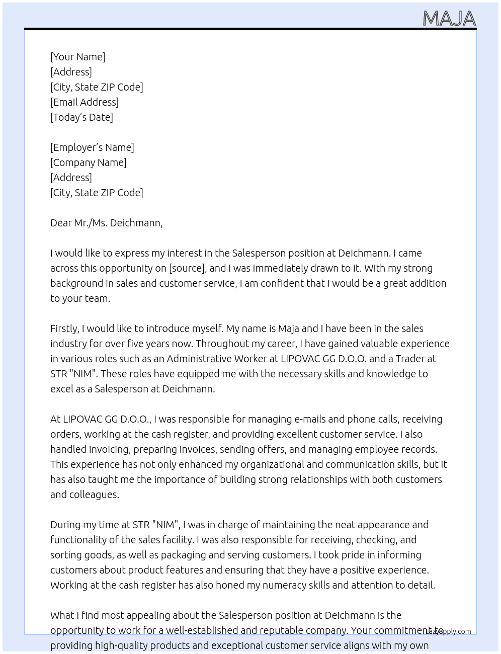 Salesperson At Deichmann Cover Letter