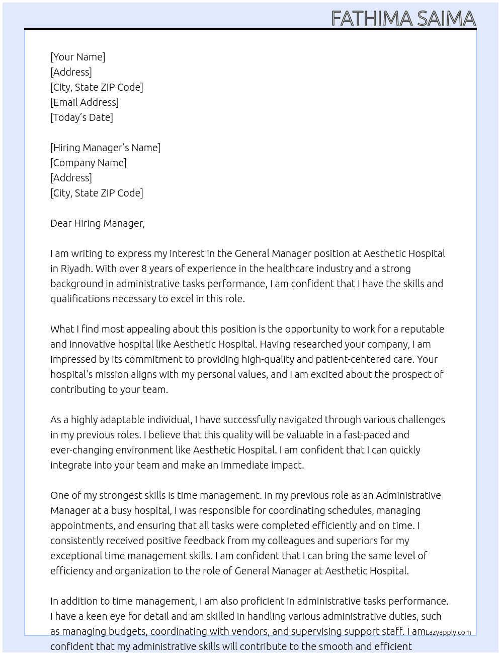 General manager  At Aesthetic Hospital, Riyadh Cover Letter