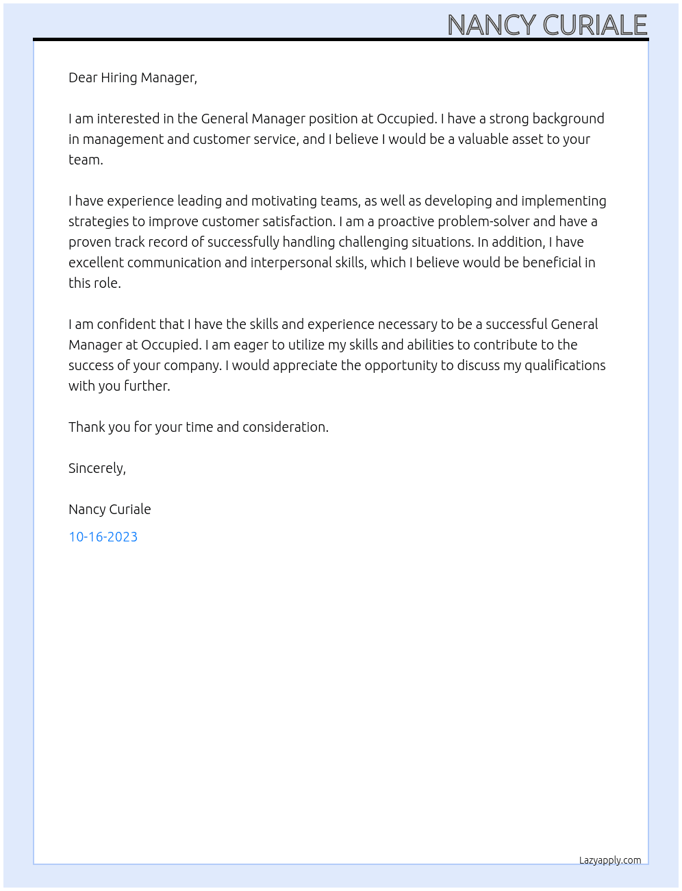 General Manager At Occupied Cover Letter