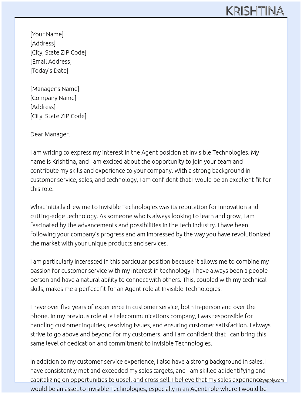 Agent At Invisible technologies  Cover Letter