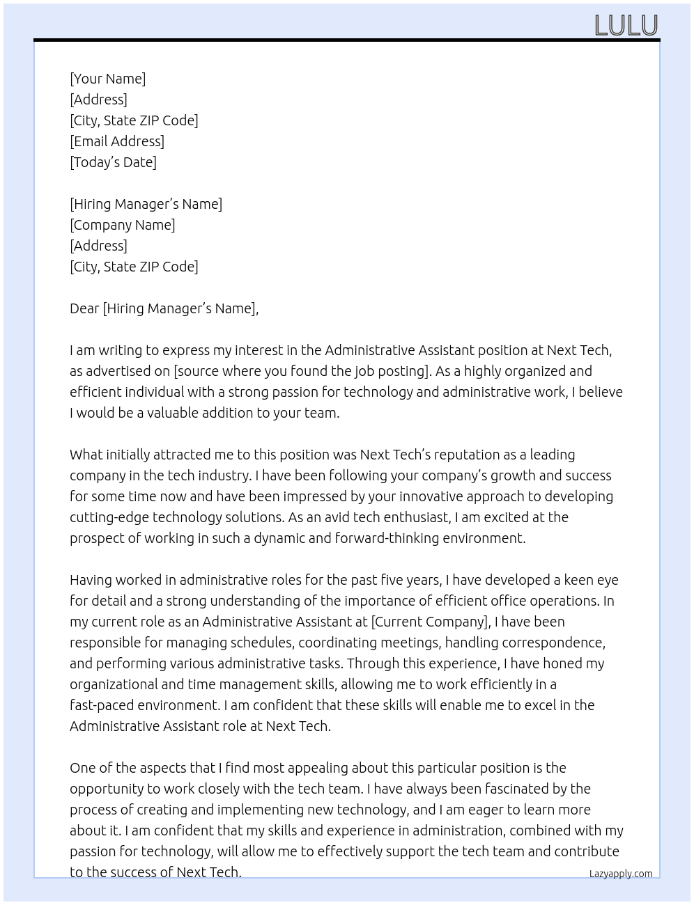 Administrative Assistant At Next Tech Cover Letter
