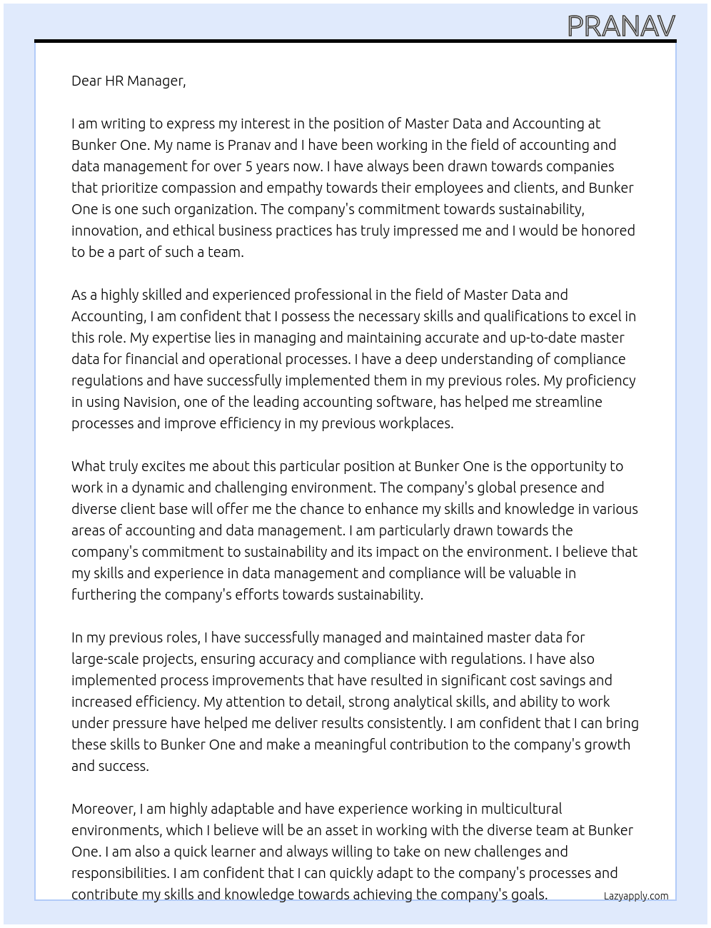 Master Data and accounting At Bunker One  Cover Letter
