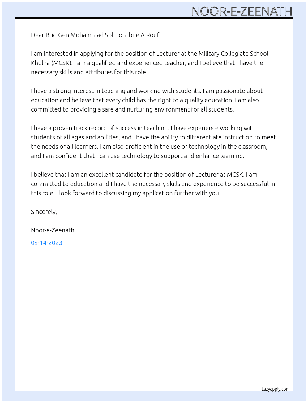 Lecturer At Military Collegiate School Khulna Cover Letter