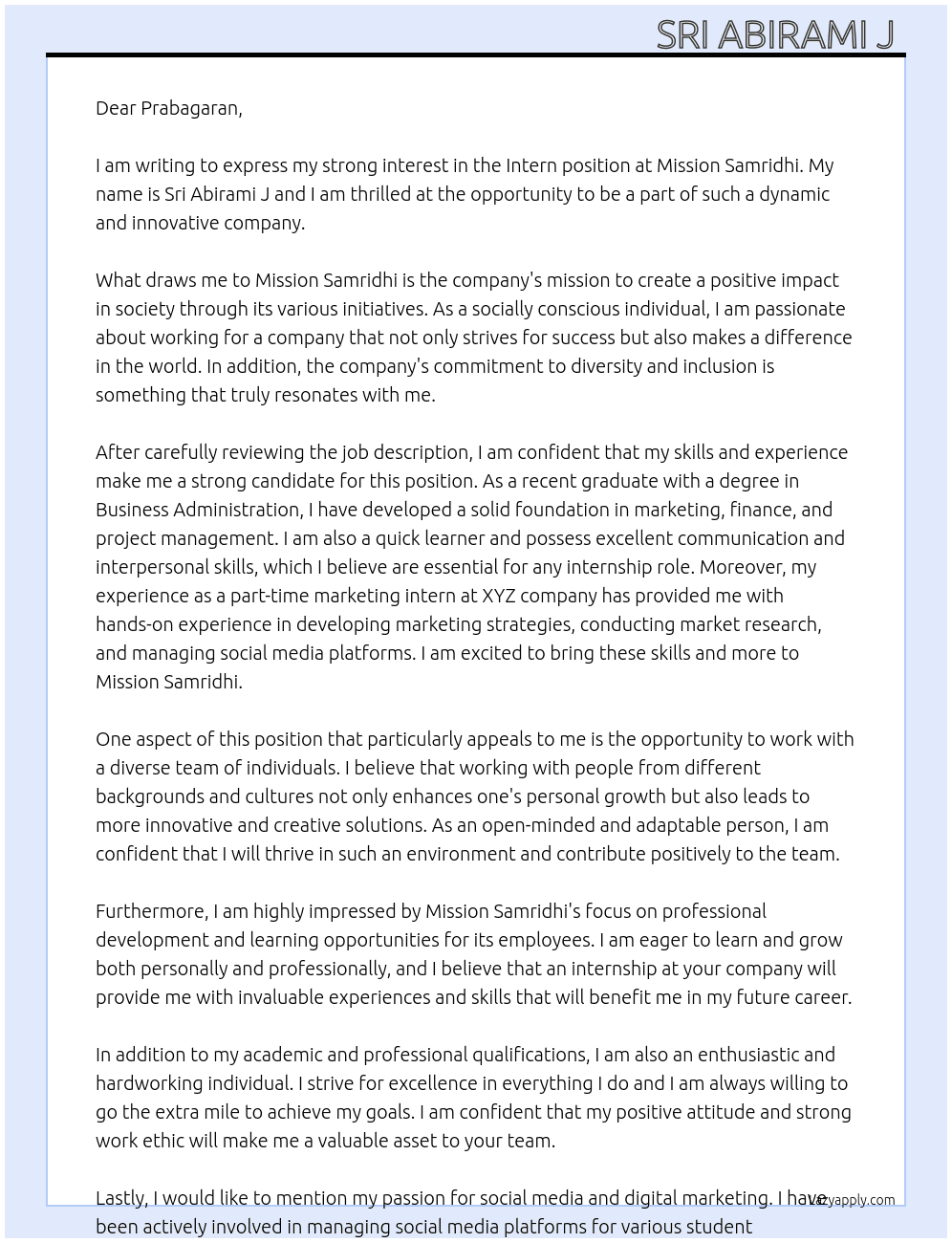 Intern At Mission Samridhi Cover Letter