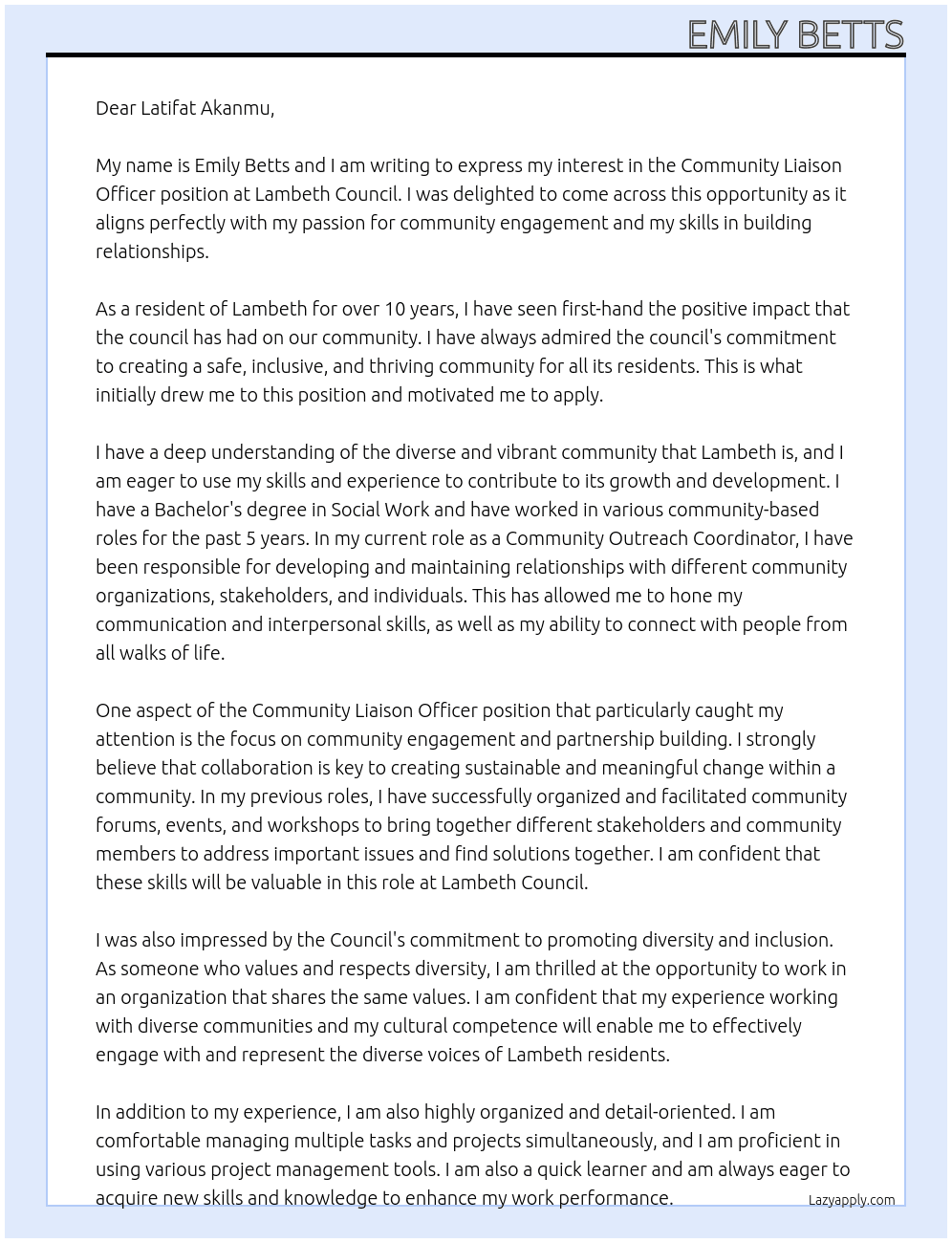 Community Liaison Officer At Lambeth Council Cover Letter
