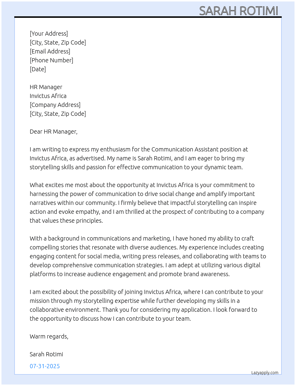 Cover letter for communication assistant - LazyApply