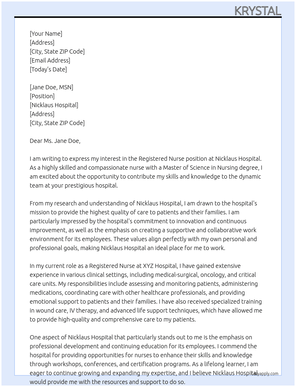 Register nurse At Nicklaus Hospital  Cover Letter