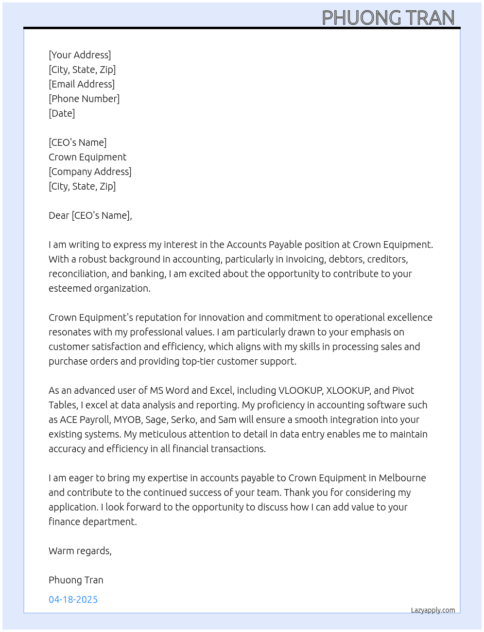 Accounts payable  At Crown equipment  Cover Letter