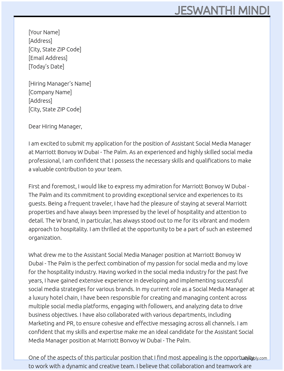 Assistant Social Media Manager At Marriott Bonvoy W Dubai - The Palm Cover Letter