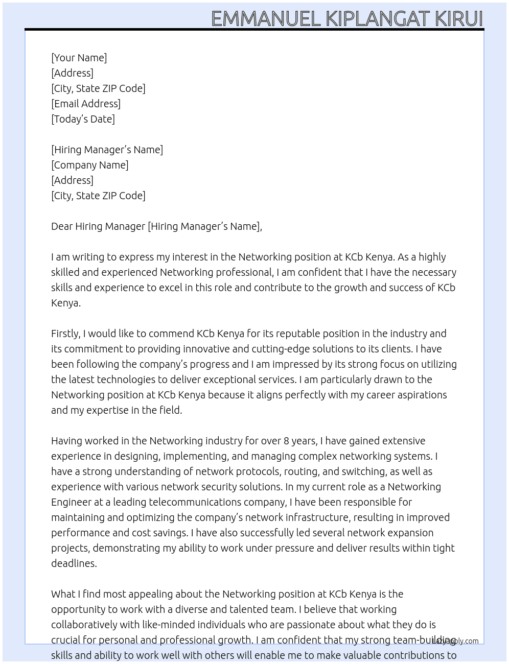 Networking At KCb kenya Cover Letter