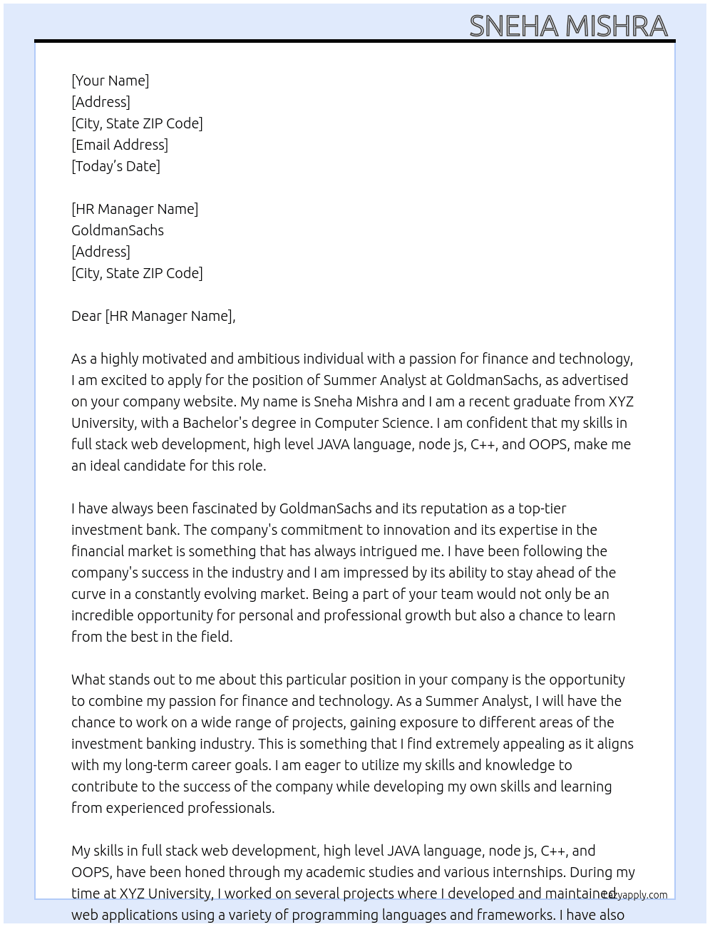 Summer Analyst At GoldamanSachs Cover Letter