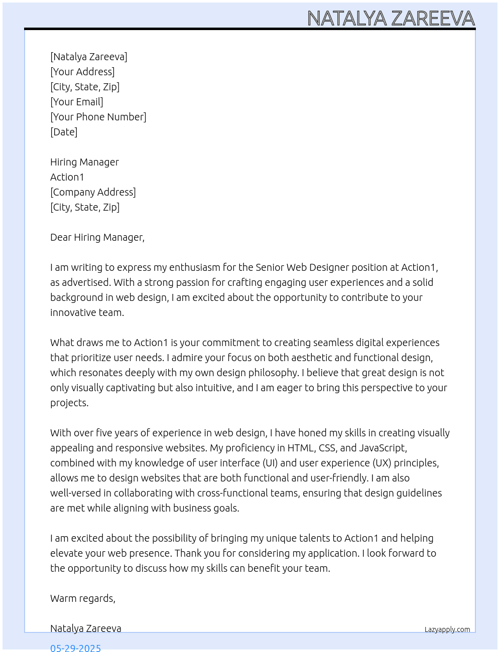 Senior Web Designer At Action1 Cover Letter