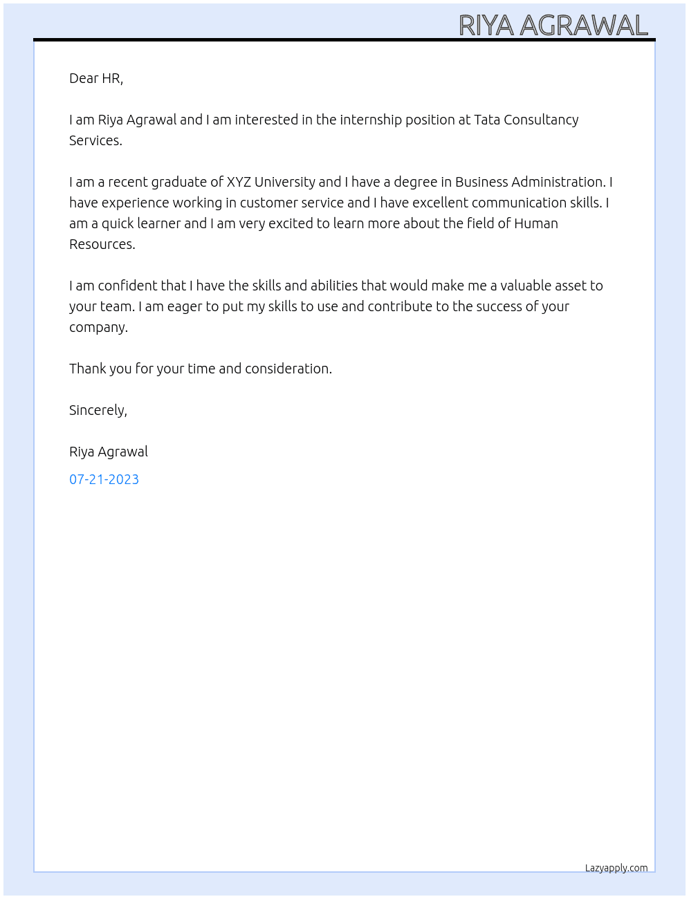 Intership At Tata Consultancy Services  Cover Letter