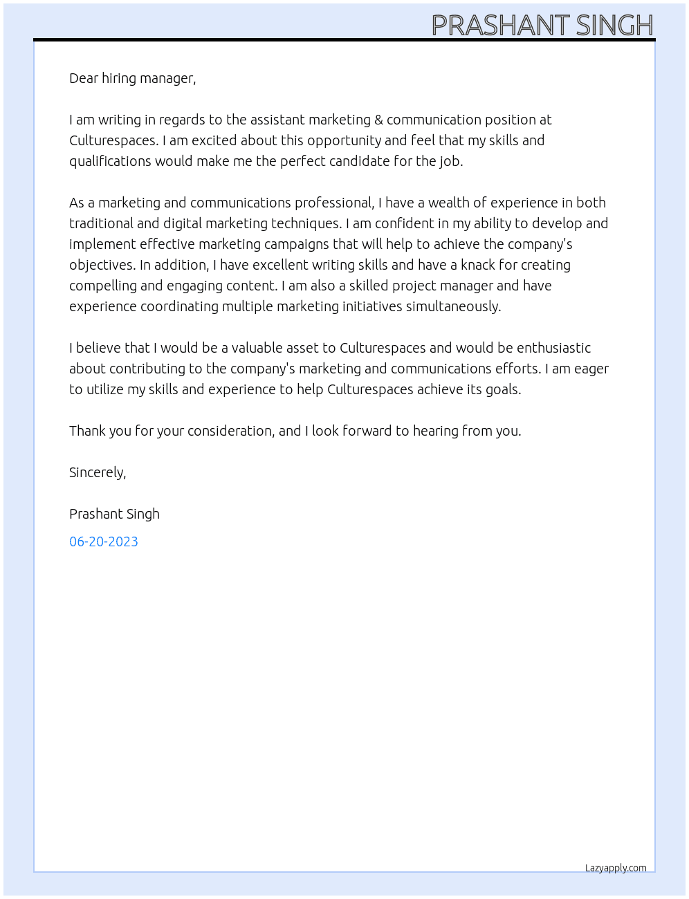 assistant marketing & communication At Culturespaces Cover Letter
