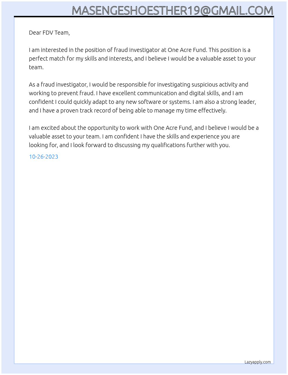 Fraud investigator  At One Acre Fund  Cover Letter