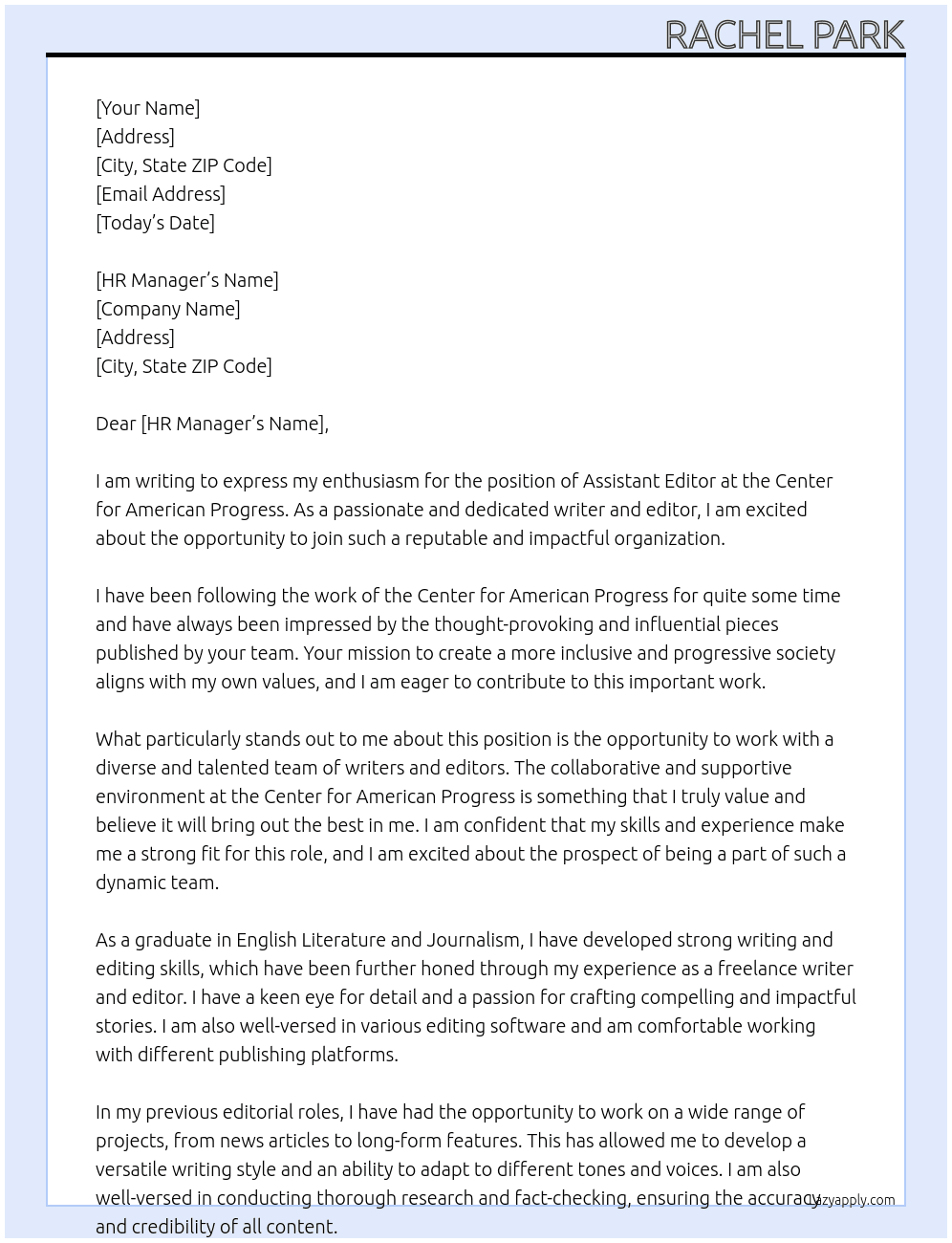 Assistant Editor At Center for American Progress Cover Letter