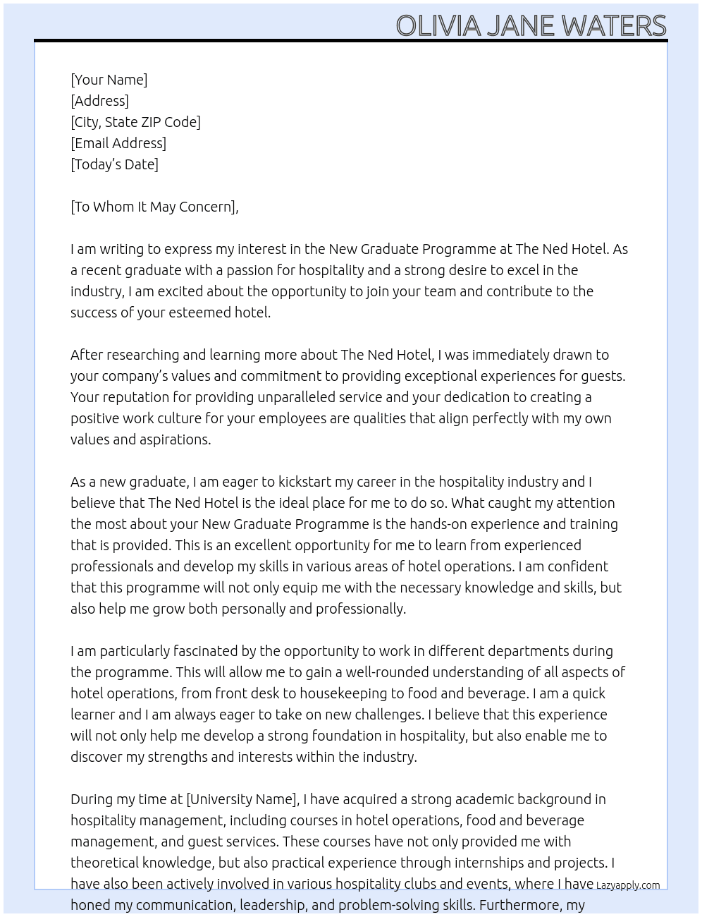 New Graduate Programme At The Ned Hotel Cover Letter