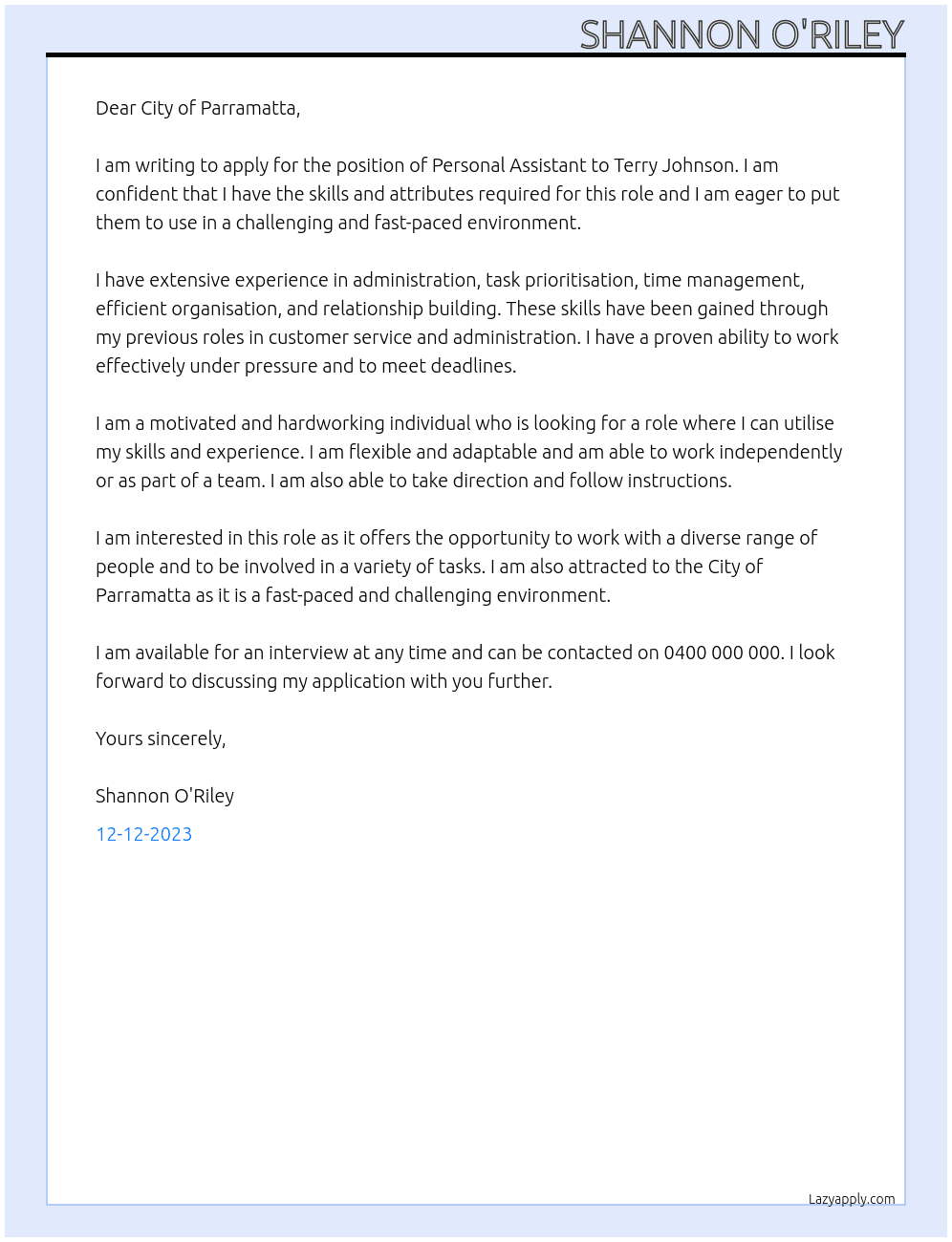 Personal Assistant At City of Parramatta Cover Letter