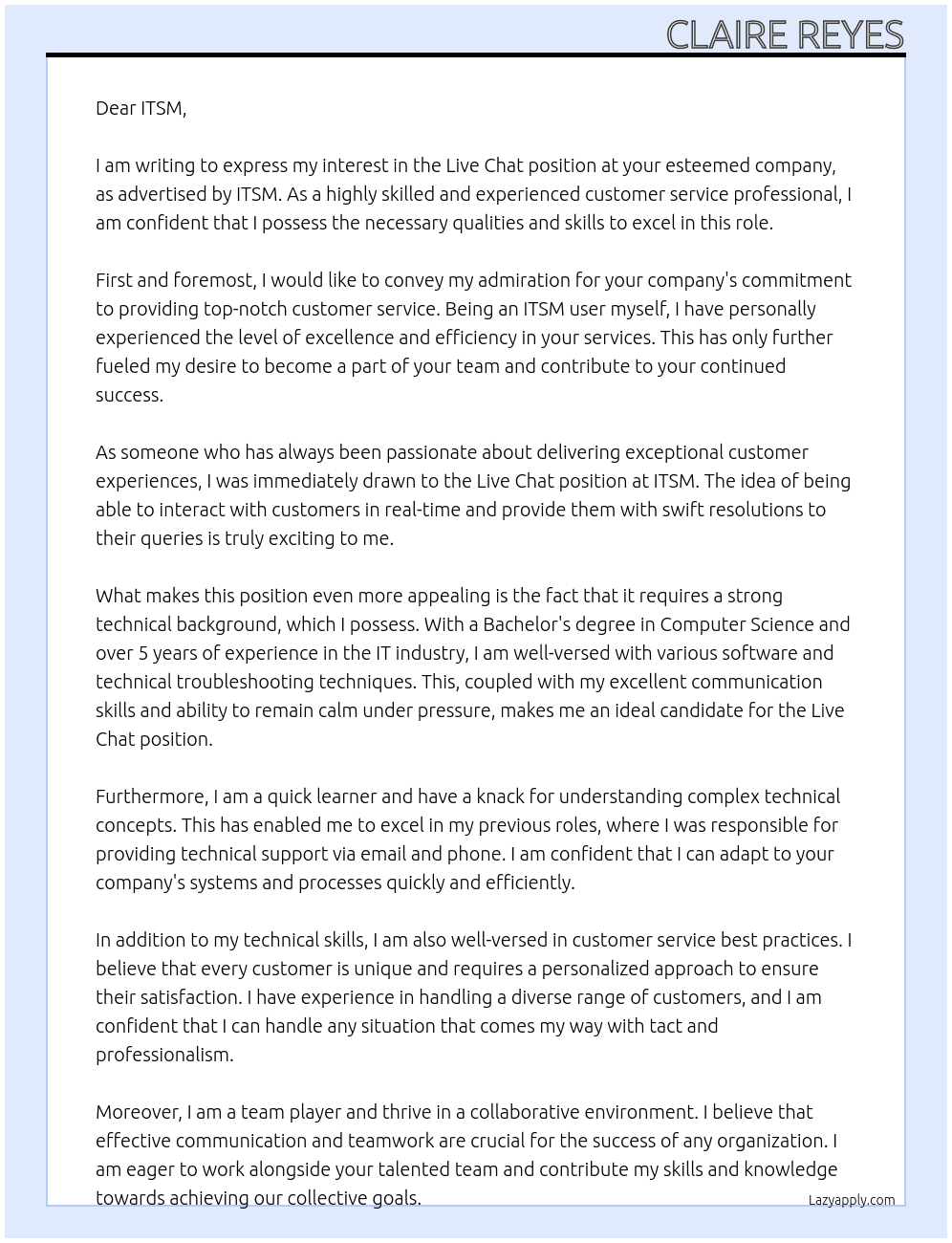 live chat At ITSM Cover Letter