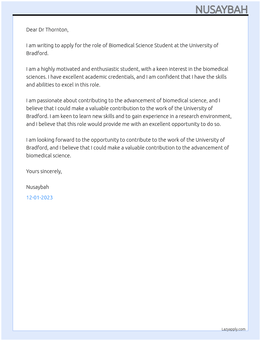 Biomedical science student At University of bradford  Cover Letter