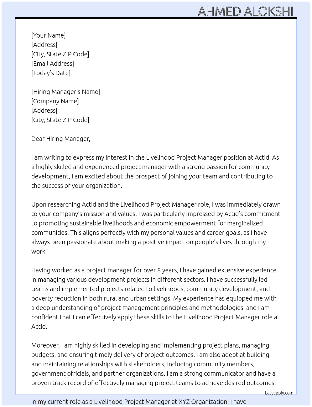 Livelihood project manager  At Actid Cover Letter
