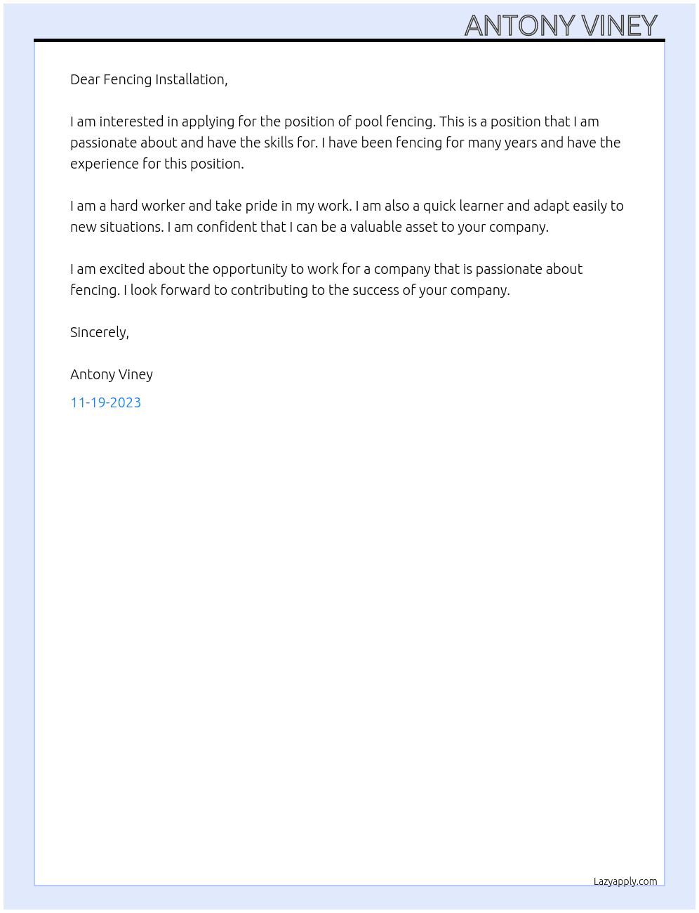 Pool fencing  At Fencing installation  Cover Letter