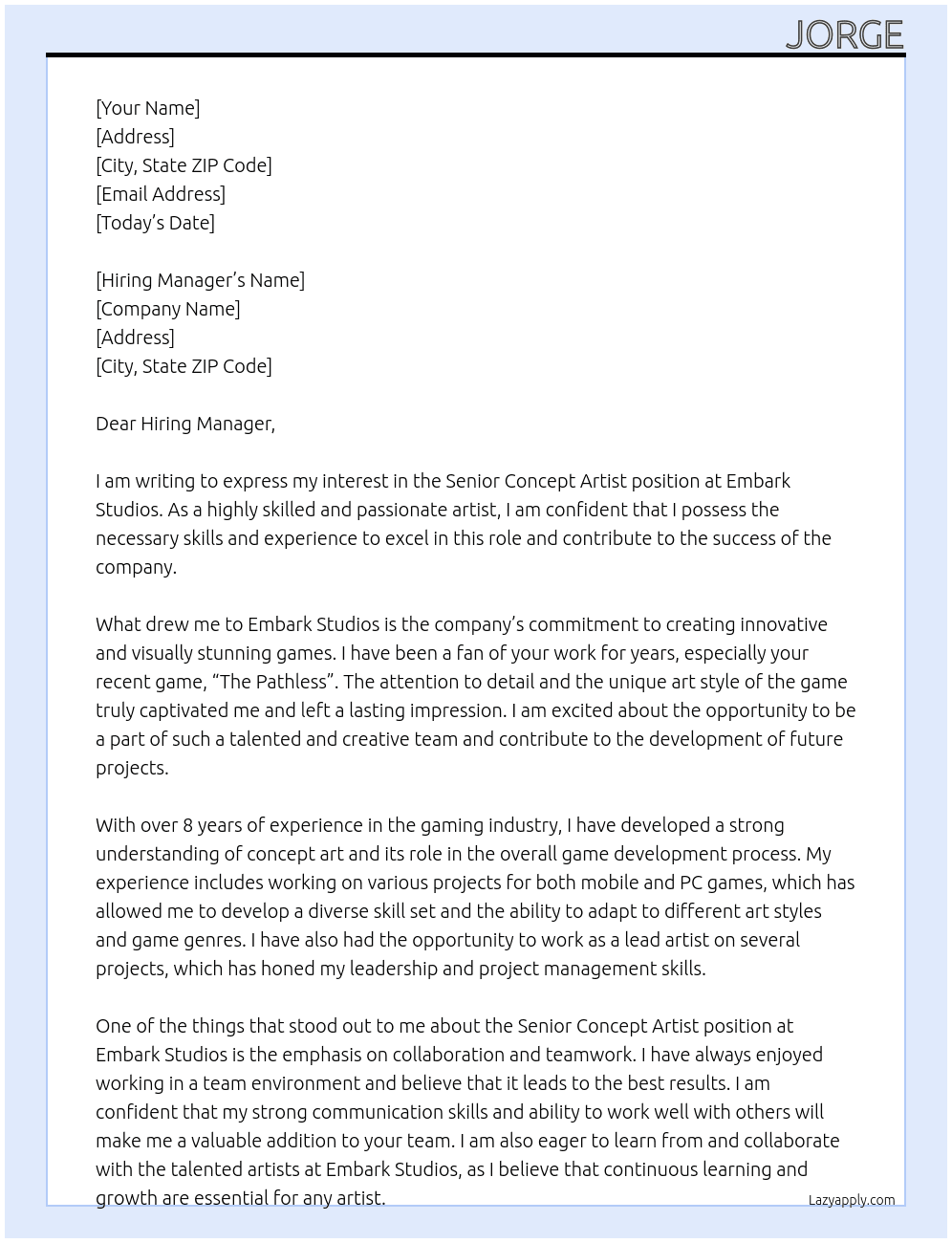 Senior concept artist  At Embark studios Cover Letter